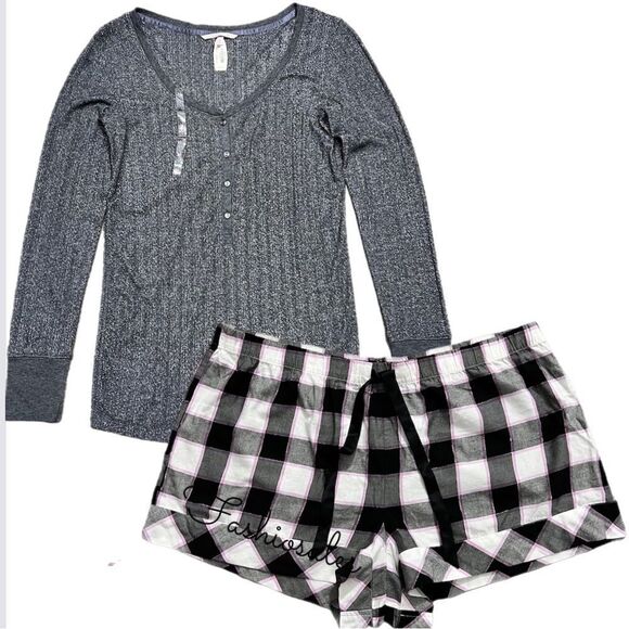 Victorias Secret Pajama Set Soft Metallic Henley top & Flannel plaid Shorts L - Picture 1 of 5